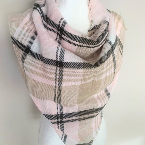 Pink & Tan Plaid Triangle Scarf - Picture 1 of 2
